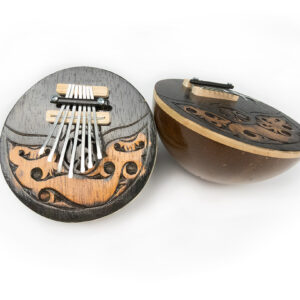 7-key kalimbas made from hollowed gourds with carved decorative patterns and metal tines.